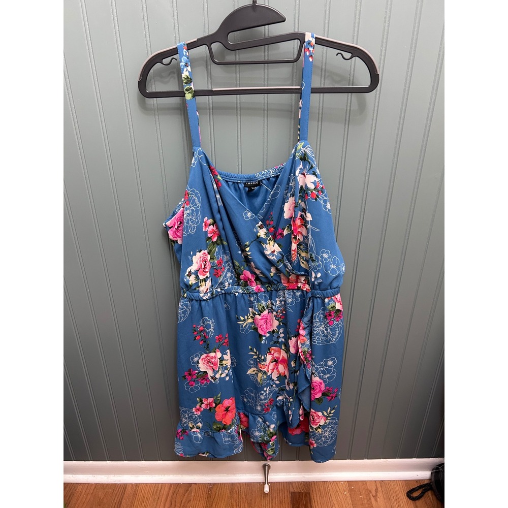 Torrid Blue Floral Wrap Front Romper Adjustable Straps Ruffle Hem Plus Size 1